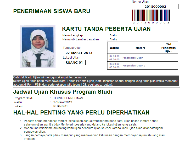 PSB Online Cetak Kartu Ujian PSB Online Cetak Kartu Ujian